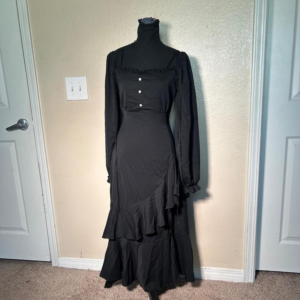 Vintage Y2K Black Gothic Layered Ruffle Maxi Dress Lace Trim S/M